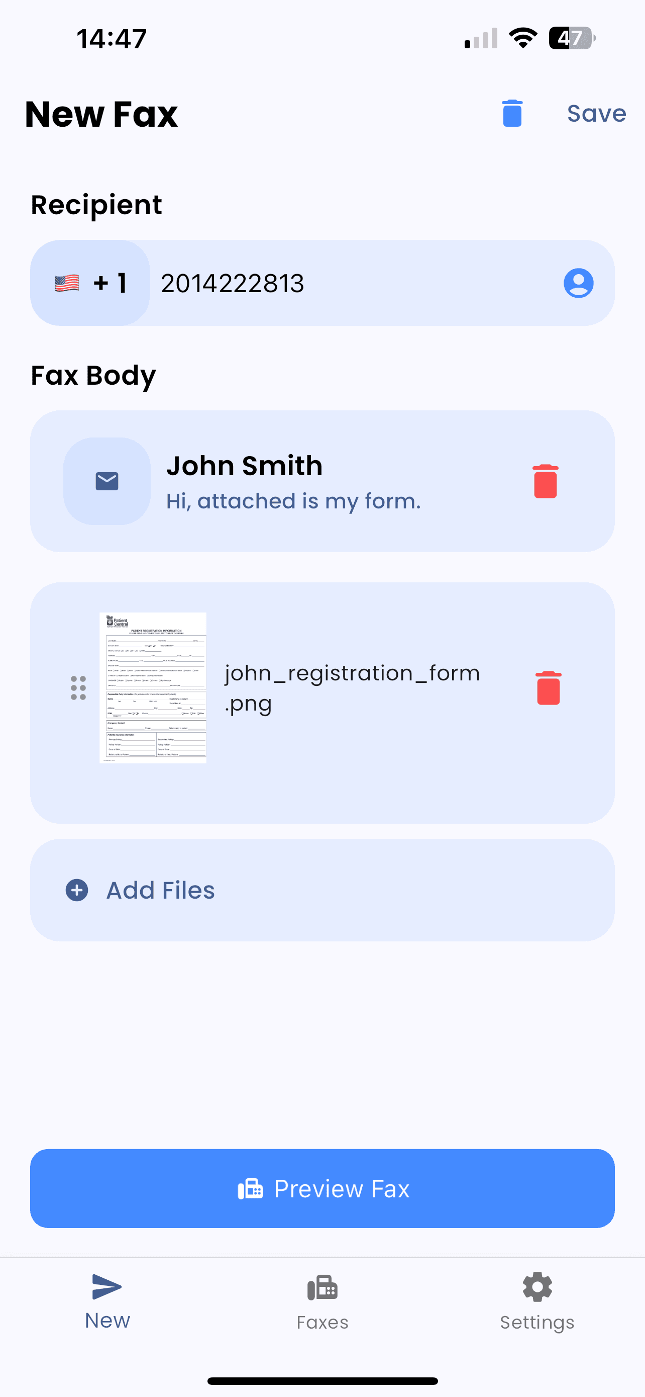 Create new fax on iPhone with recipient and cover letter