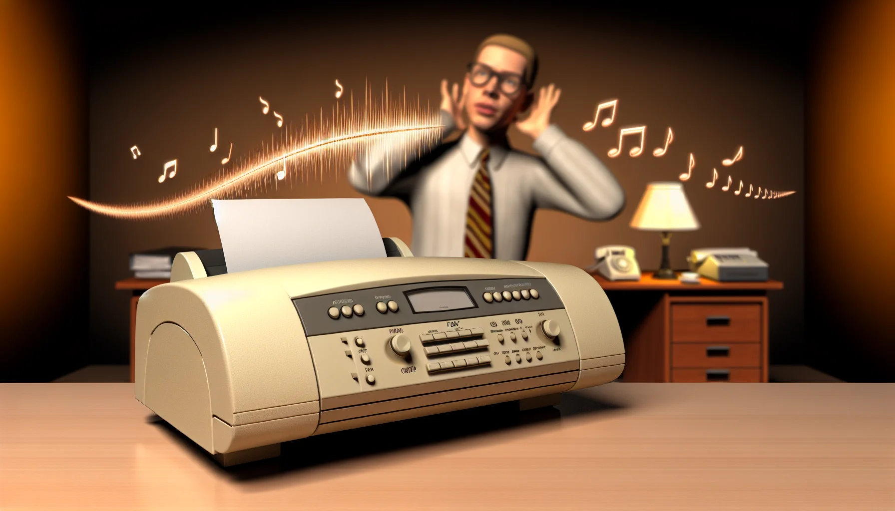 Vintage fax machine from the 1990s with visible sound waves representing the iconic beeping and screeching sounds