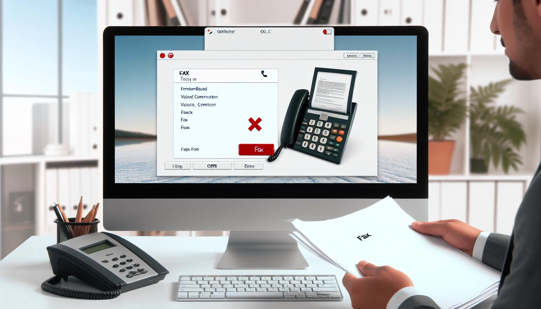 Computer screen showing Google Voice interface with disappointed person holding documents that cannot be faxed
