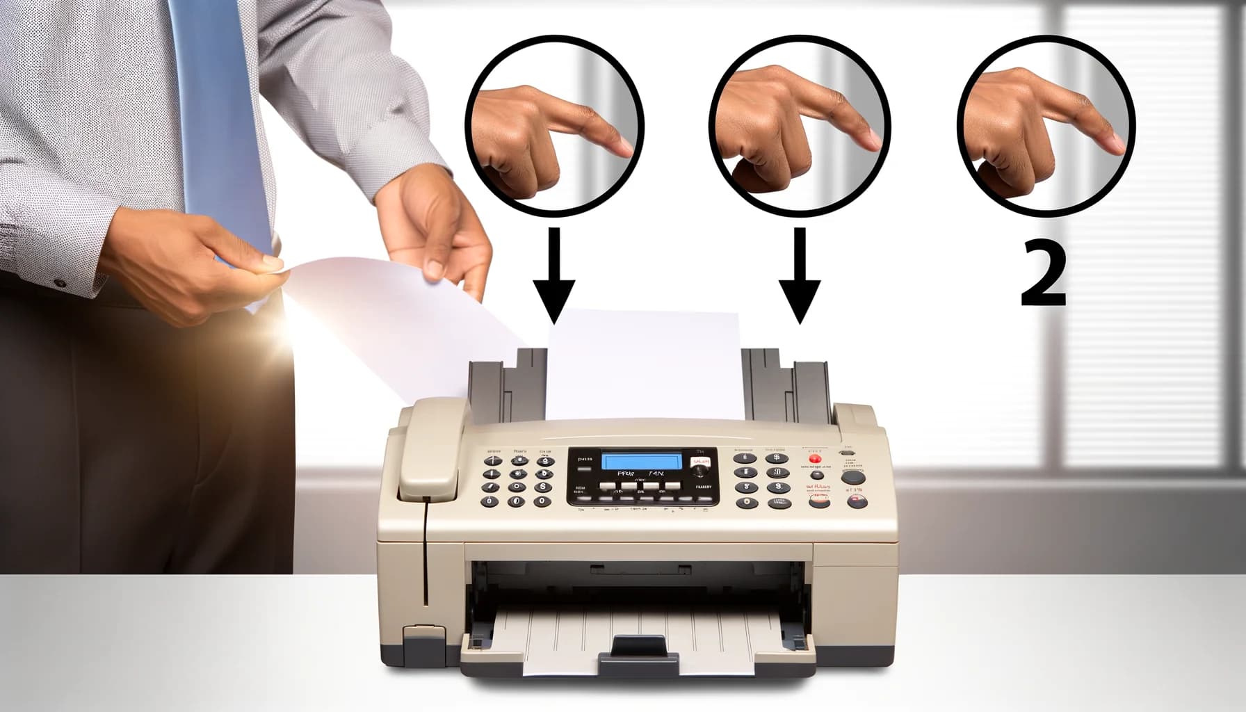 Professional office worker using a modern fax machine with step-by-step instructions displayed