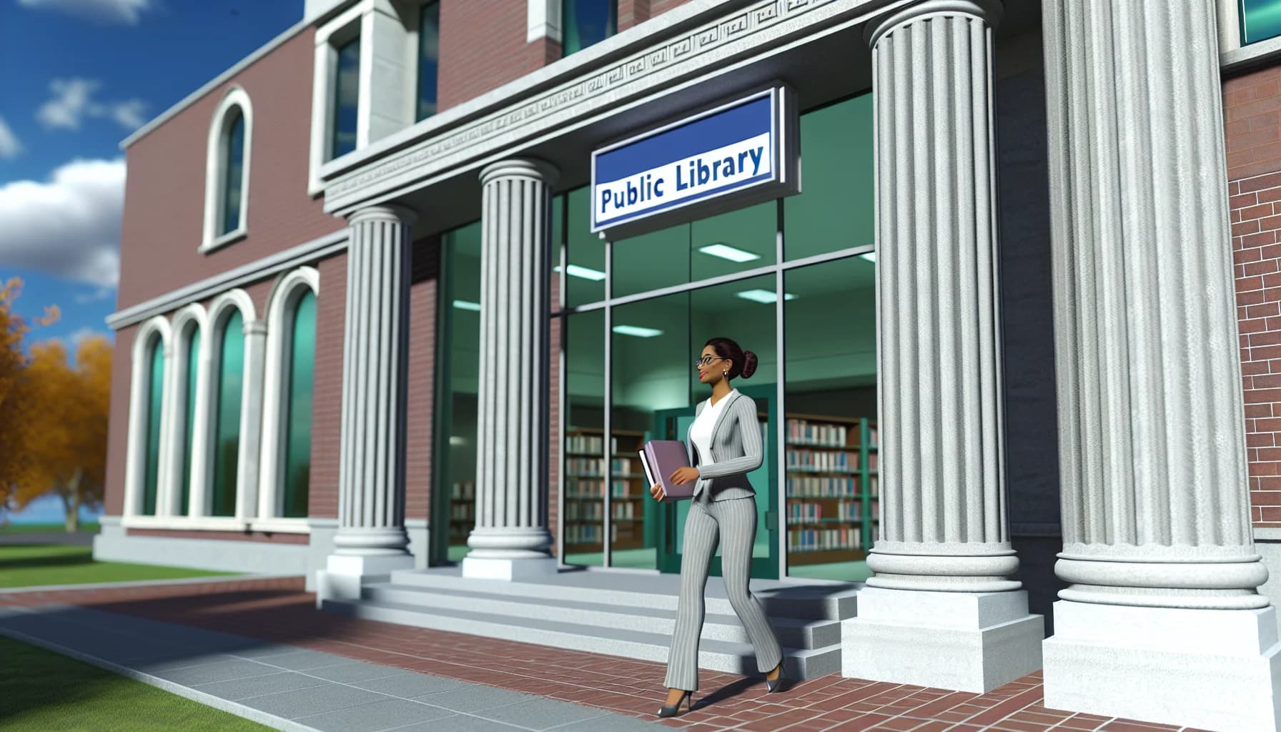 Public library building exterior with clear PUBLIC LIBRARY sign and professional person entering to use fax services