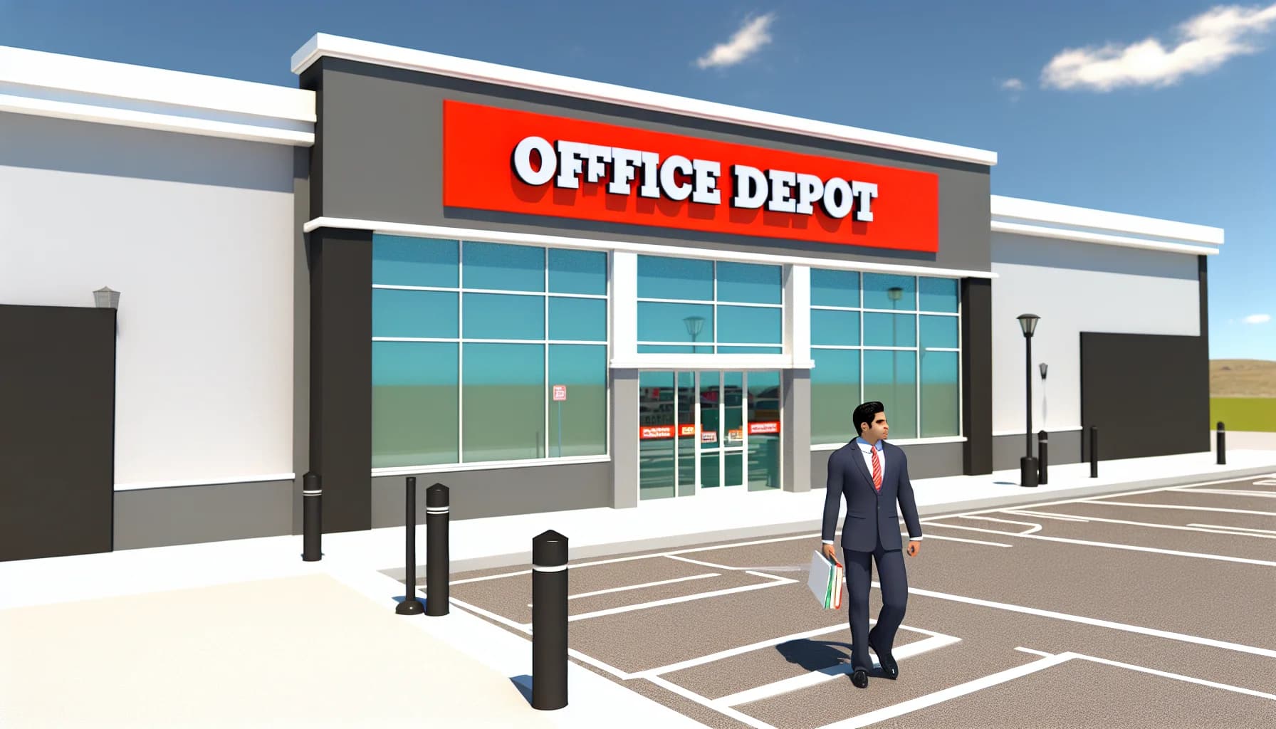 Office Depot store exterior with clear OFFICE DEPOT sign and professional person entering to send fax documents