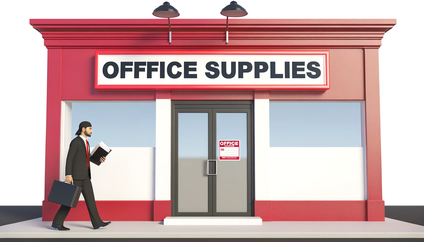 Staples store exterior with clear STAPLES sign and professional person entering to send fax documents