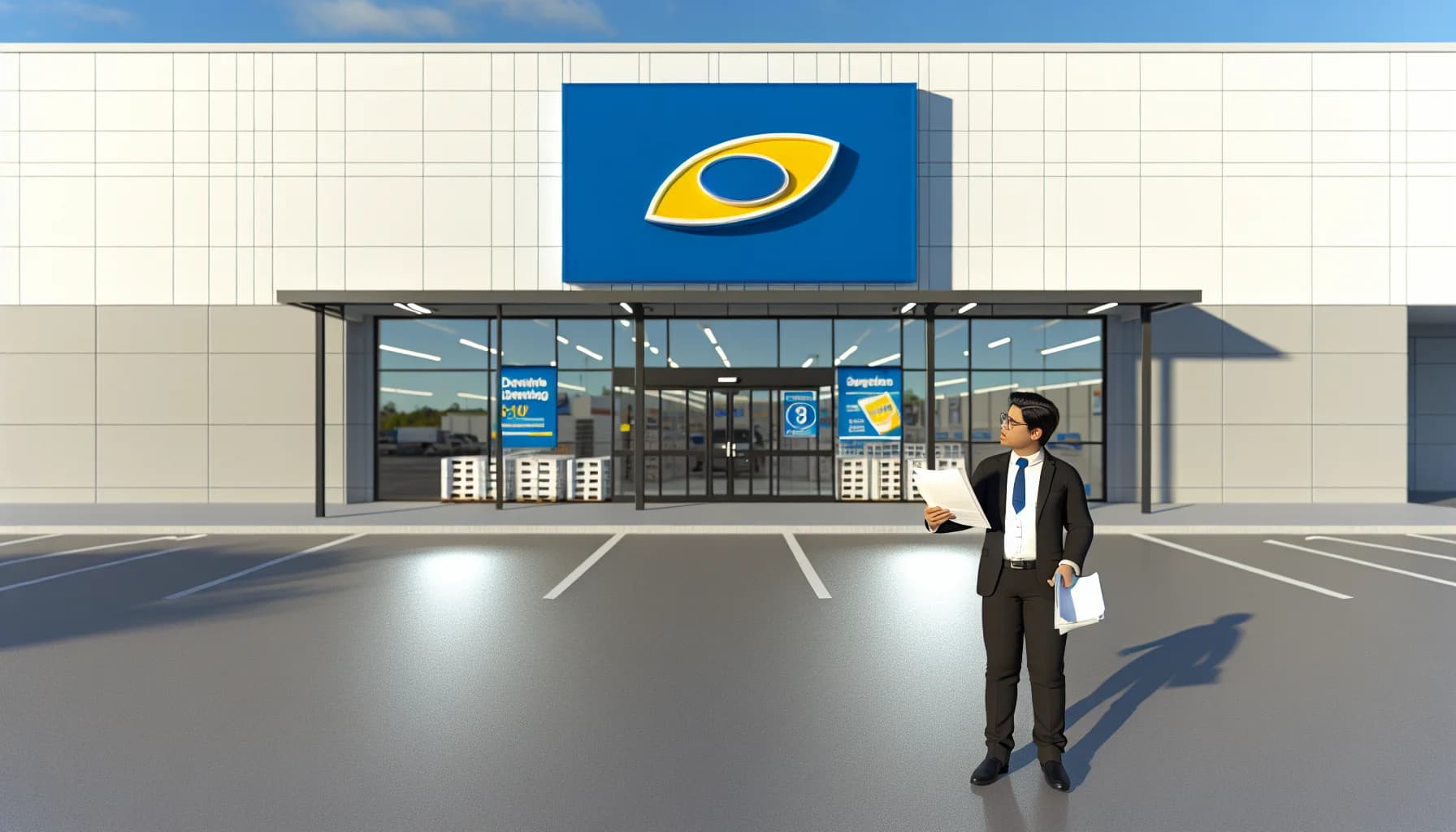 Walmart store exterior with clear Walmart sign and confused business person looking for fax services that are not available