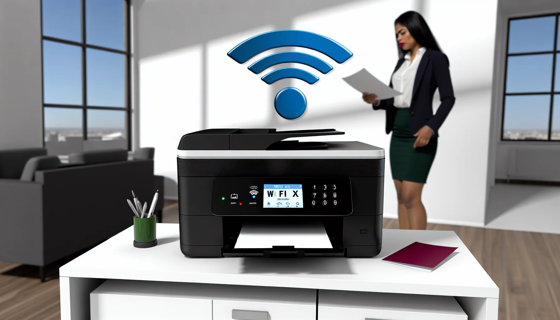 Modern multifunction printer with WiFi capability and confused person trying to setup fax functionality