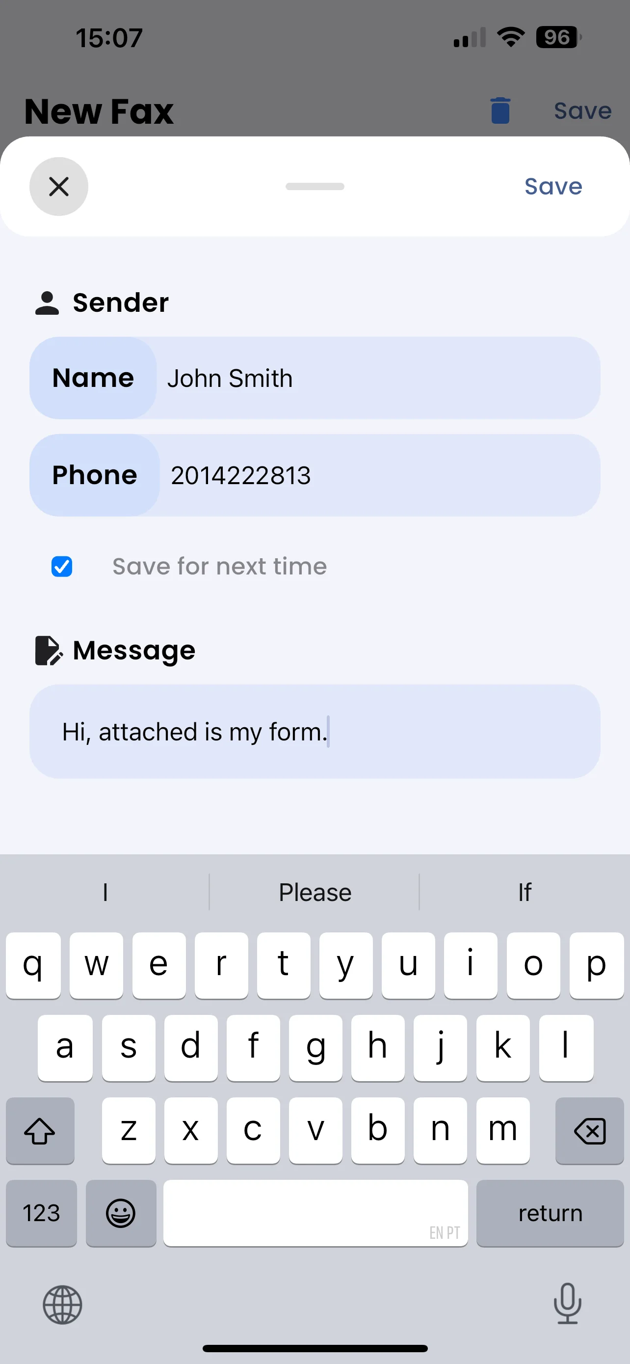 FaxFlow cover letter creation screen for professional fax documents