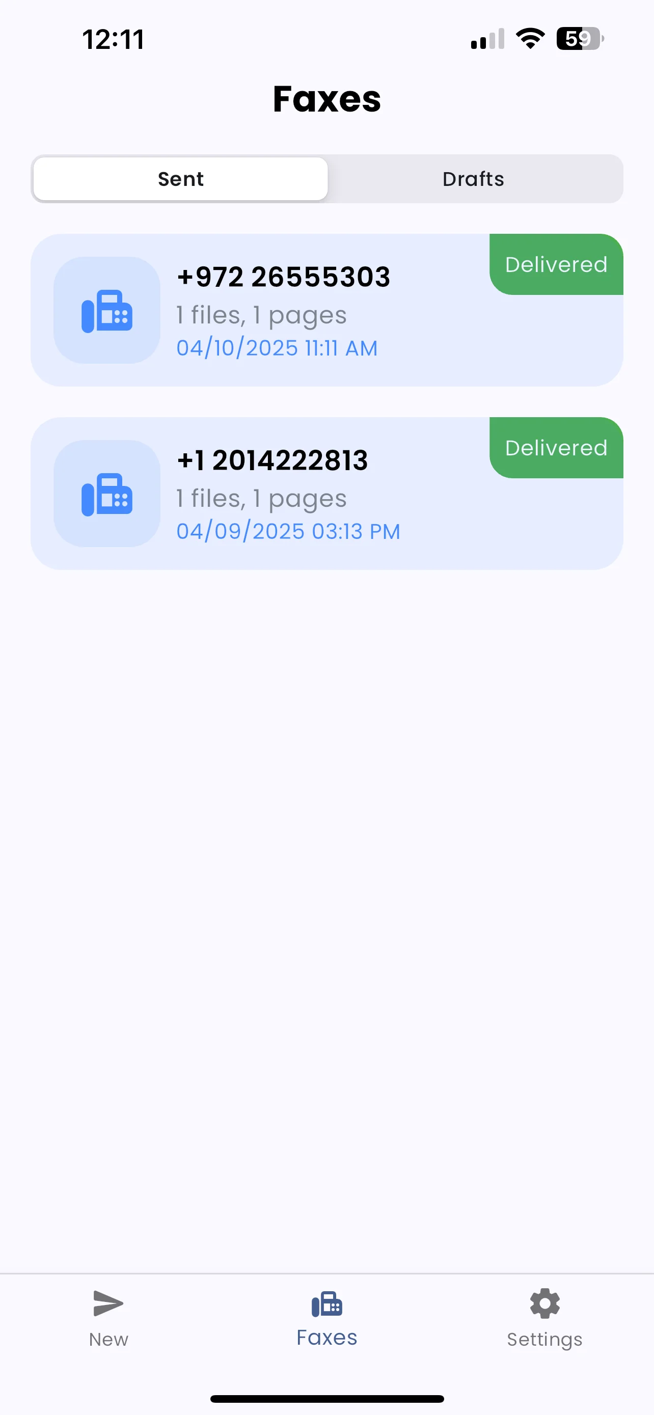 Sent faxes history and delivery confirmation screen