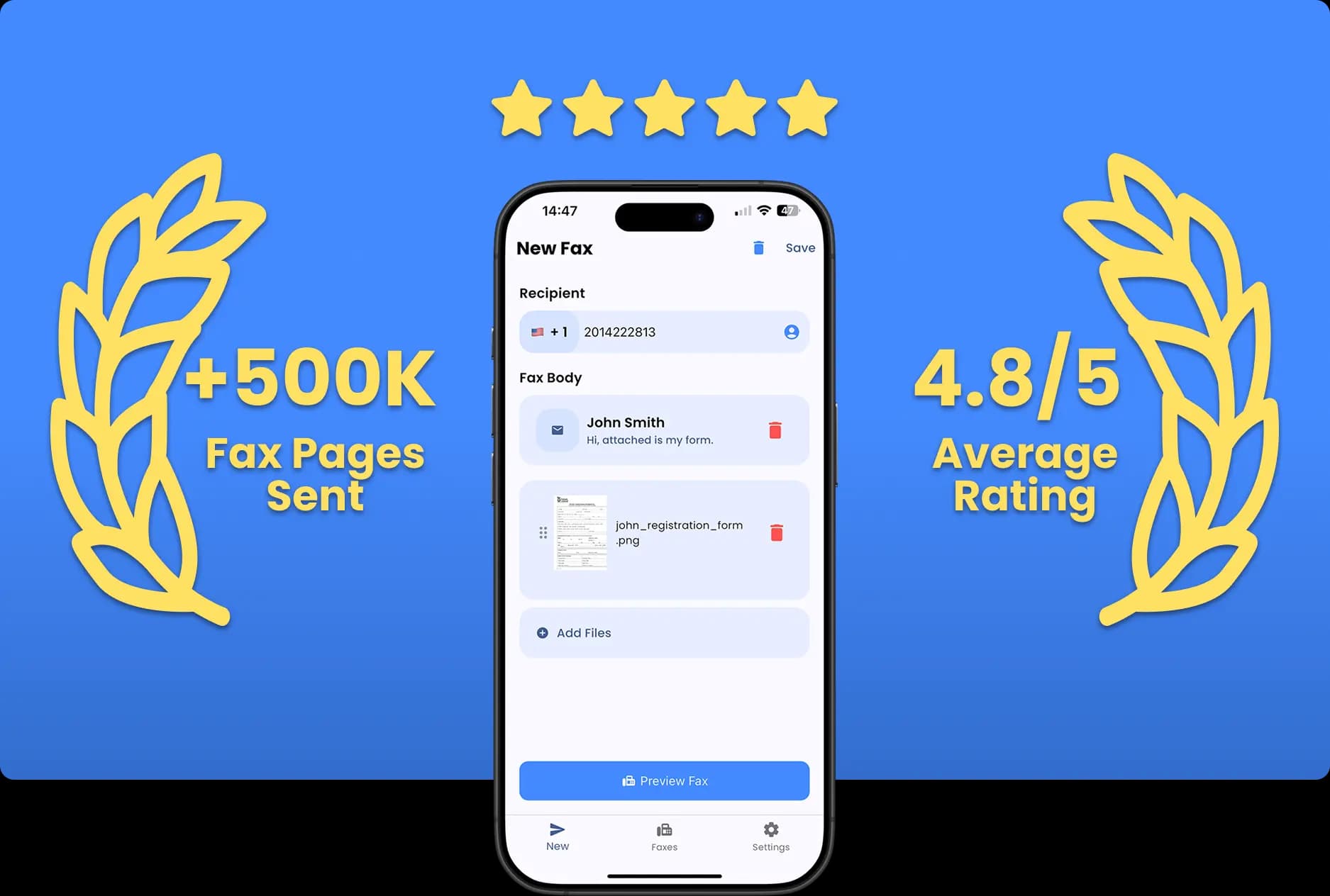 FaxFlow mobile fax app and online fax service interface showing how to send fax online without a fax machine from iPhone, Android, and computer devices