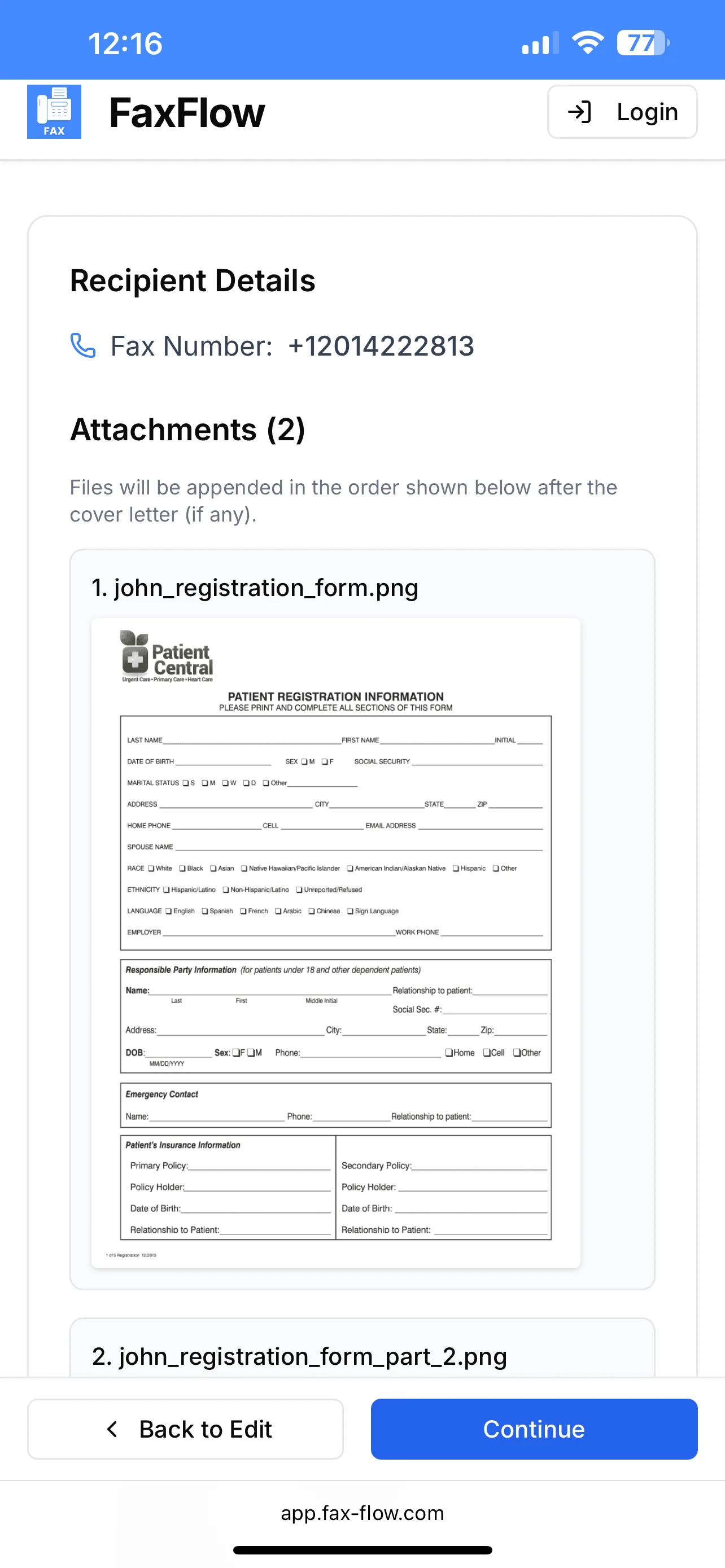 FaxFlow fax preview showing document ready to send with all details confirmed