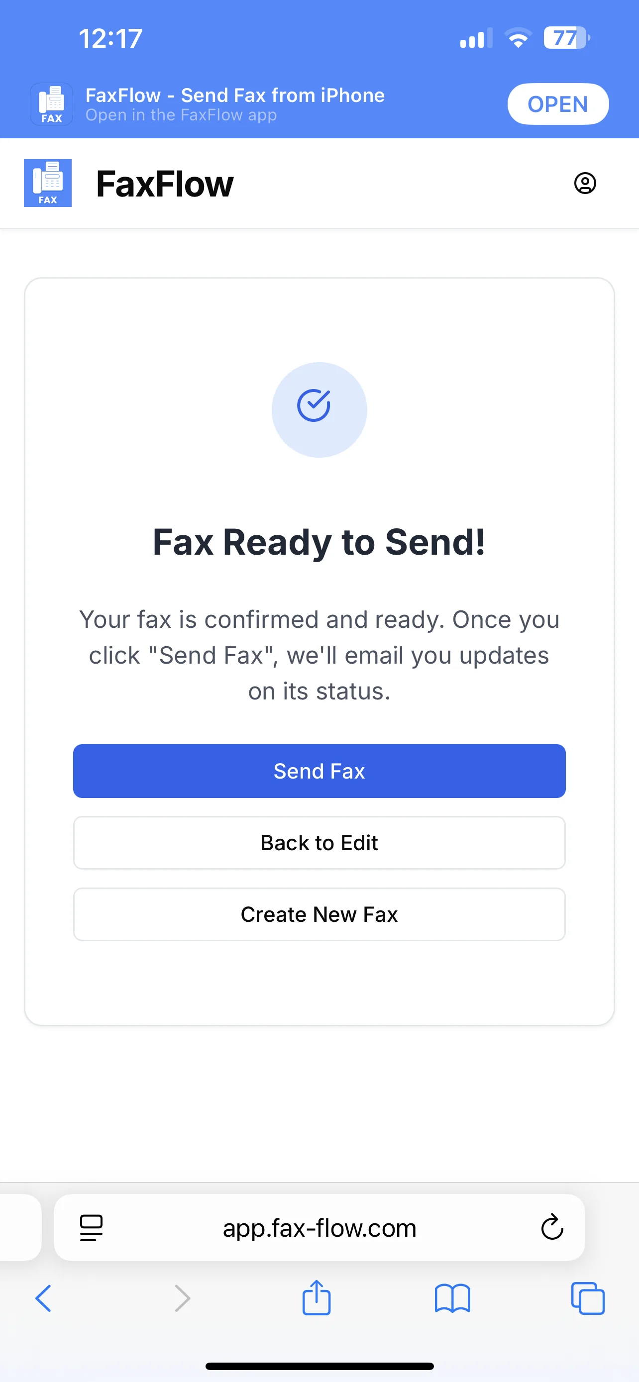 FaxFlow fax preview showing document ready to send with all details confirmed