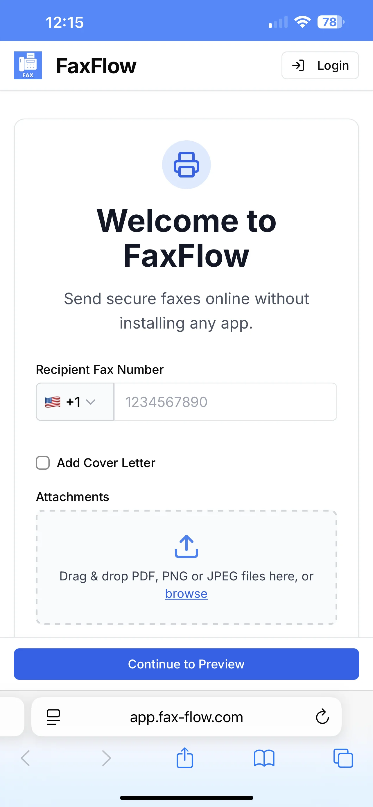 FaxFlow web interface showing the main fax sending page accessible through iPhone Safari browser