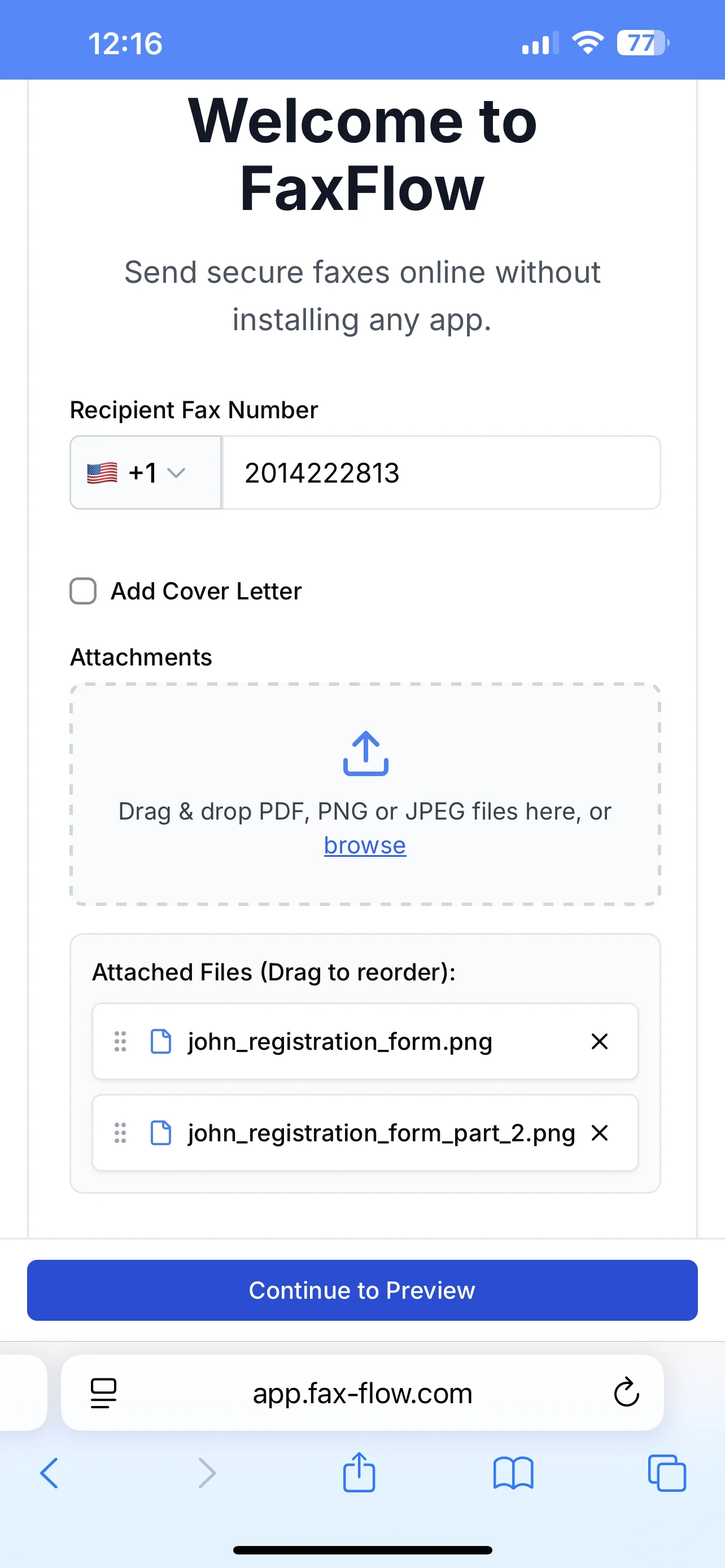 FaxFlow interface showing document successfully uploaded and ready to send